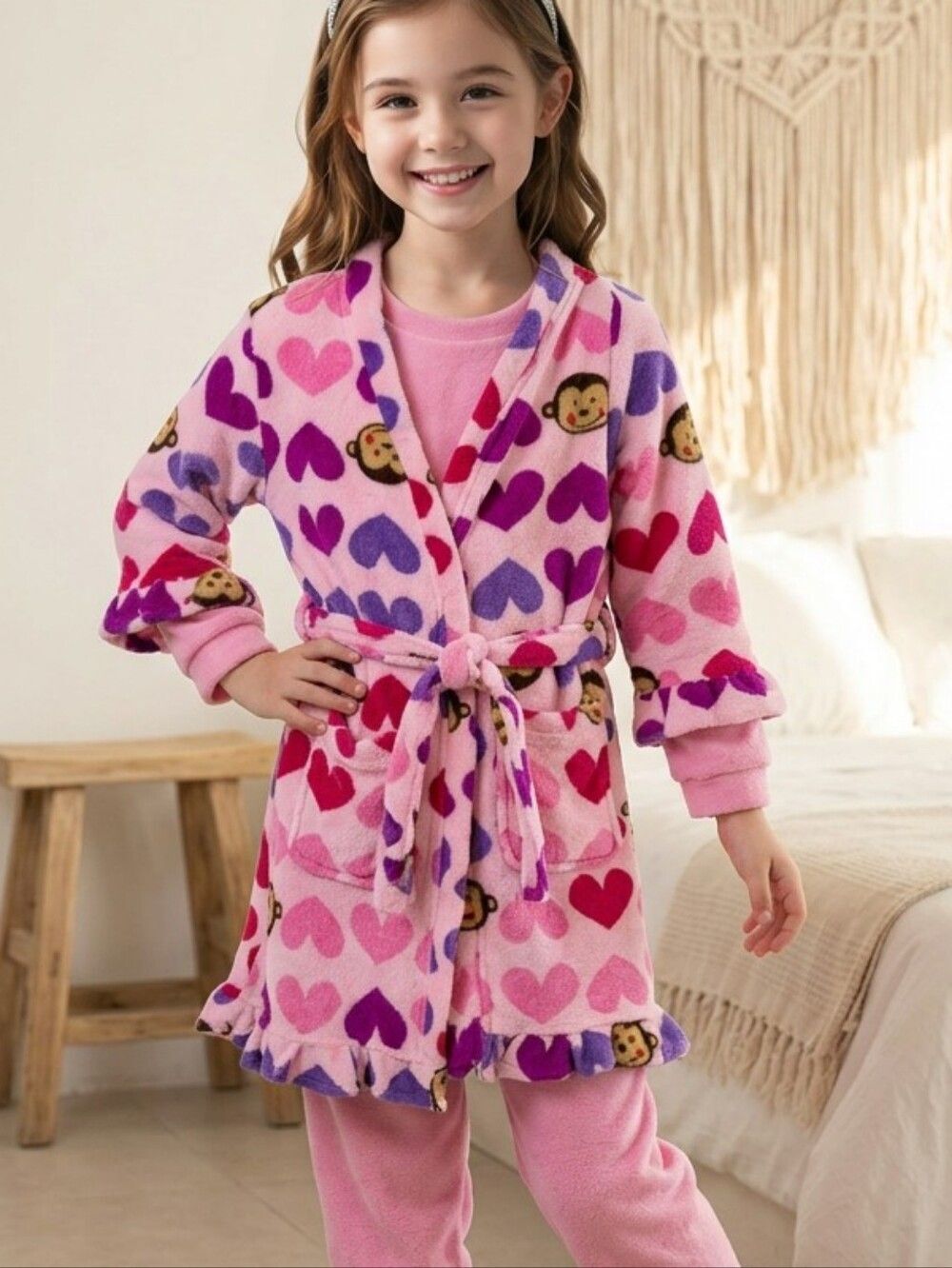 Capelli Kids Plush Fleece Robe Girls 6 7 Pink Monkey Hearts Cozy Cute Bathrobe